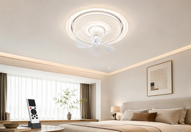 Close-up of a 20 inch kitchen ceiling fan with LED light being controlled by remote in a modern interior