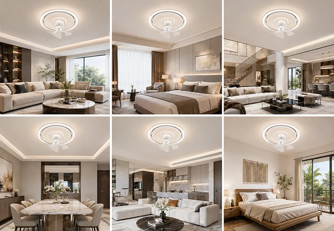 Collage of a 20 inch kitchen ceiling fan with LED light used in kitchen, bedroom, dining room and living room spaces