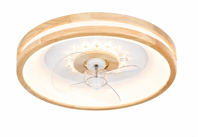 20 inch smart ceiling fan with LED light featuring flush mount design and modern wooden frame