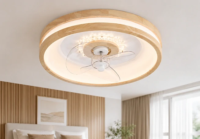 20 inch smart fan with LED light installed in a modern bedroom with flush mount ceiling design