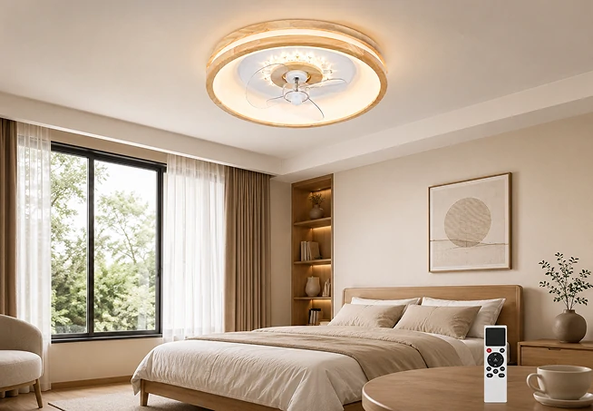 20 inch smart fan with LED light in a modern bedroom scene with remote control and warm lighting
