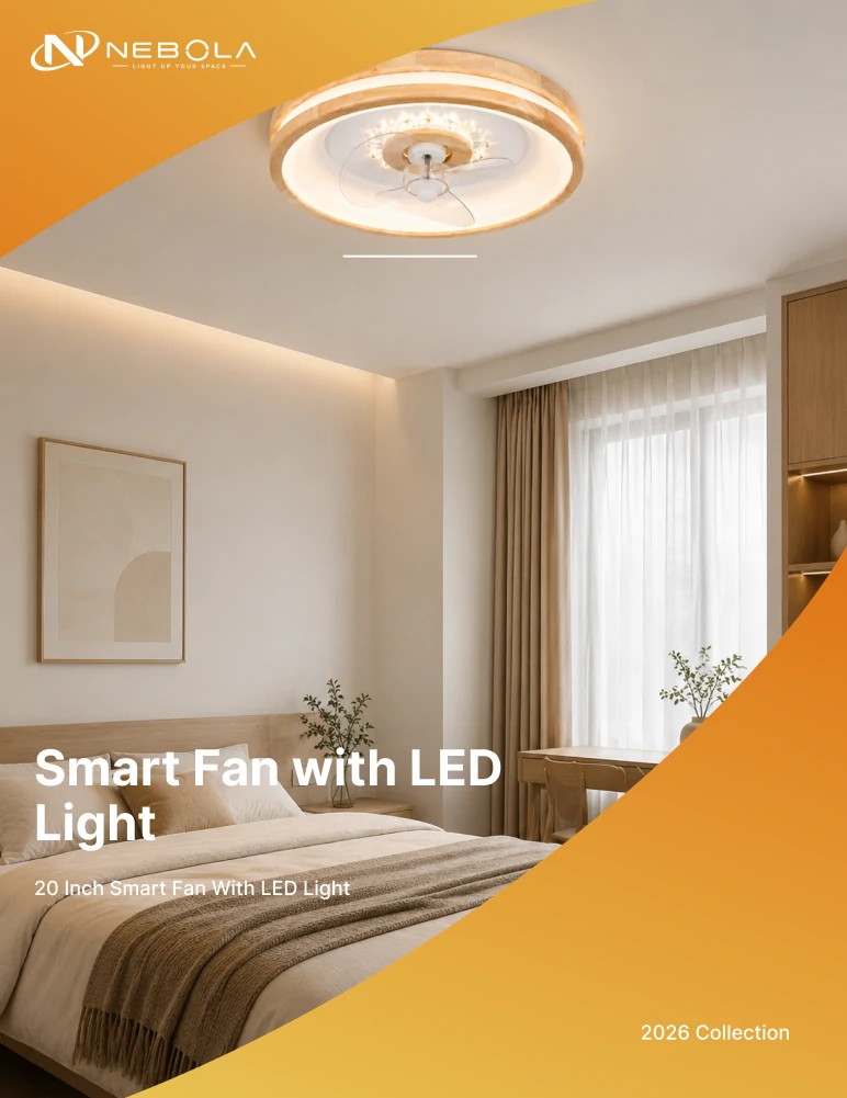 20 inch smart fan with LED light featured in a premium bedroom catalog cover design for modern homes