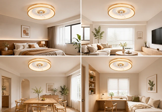 20 inch smart fan with LED light shown in bedroom living room dining area and apartment interiors