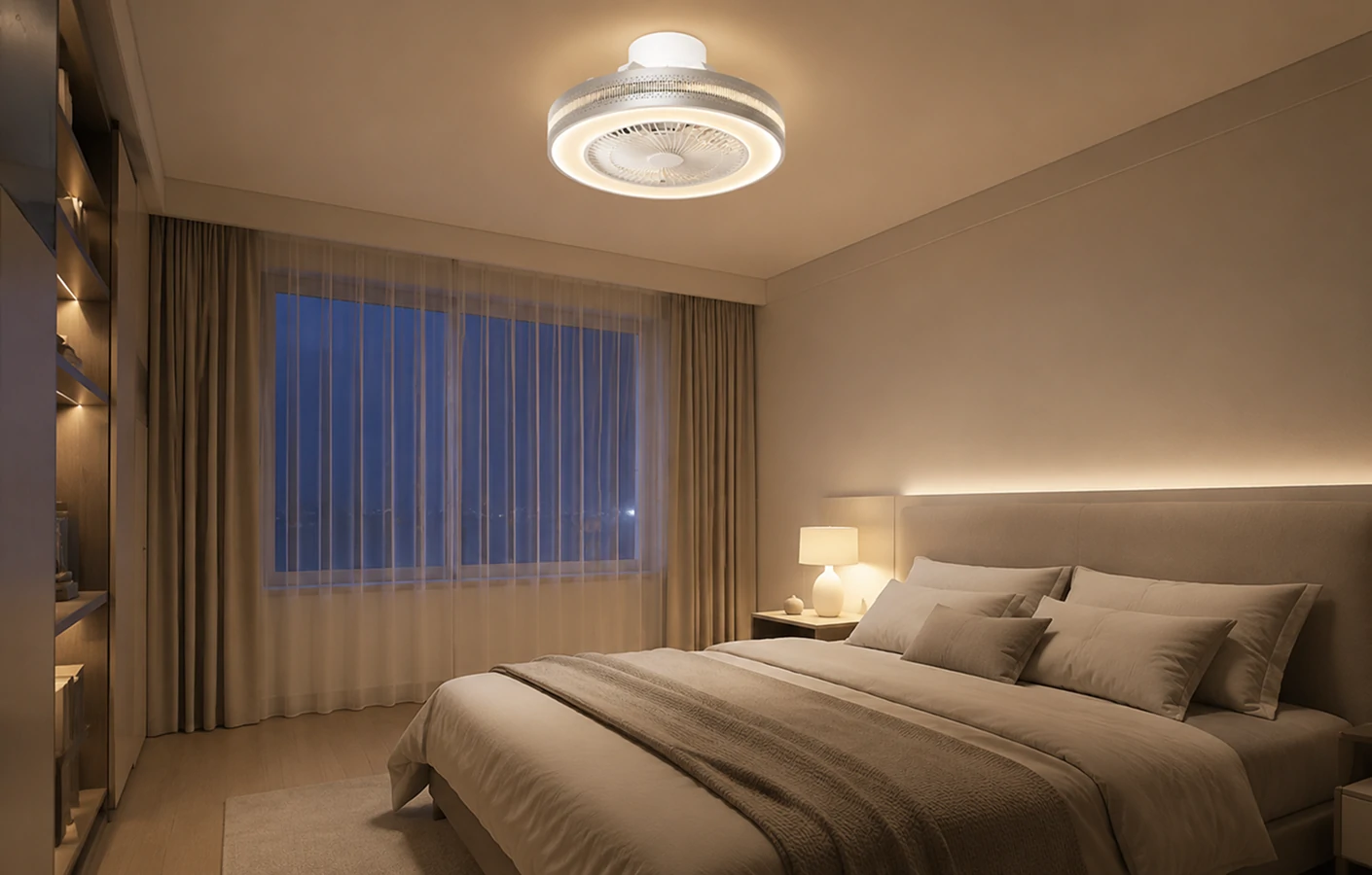20 inch white ceiling fan with light showing smart airflow and lighting features in modern bedroom flush mount installation design