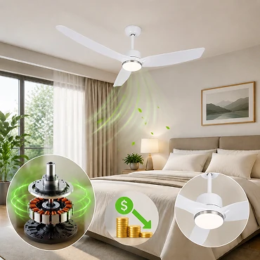 white ceiling fan with light using energy saving motor technology for efficient operation