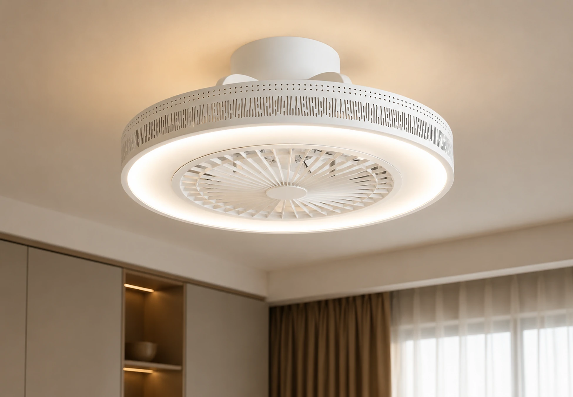 20 inch white bedroom ceiling fan with light flush mount design installed in modern bedroom with soft ambient lighting and calm sleep atmosphere