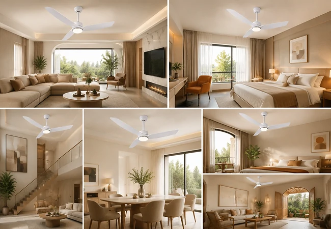 white ceiling fan with light shown in multiple modern residential application spaces