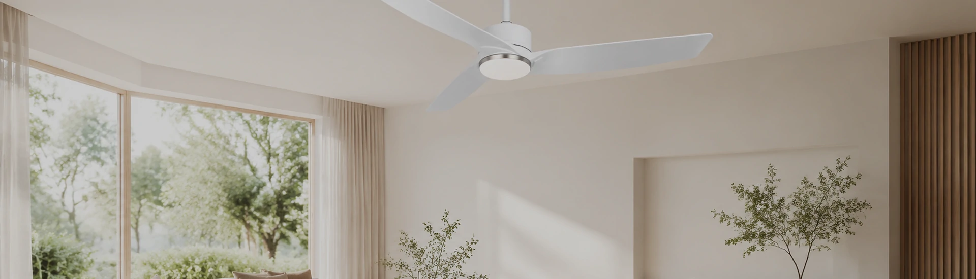 white ceiling fan with light flush mount design installed in a modern bedroom space
