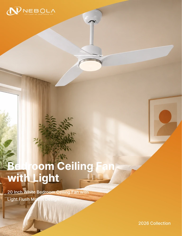 white ceiling fan with light catalog cover showing a modern flush mount design for homes