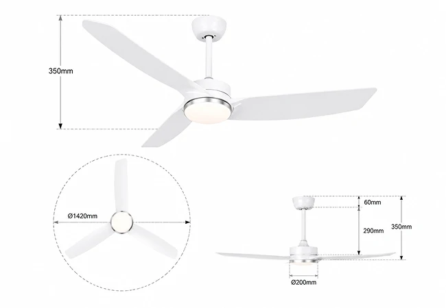 white ceiling fan with light dimension drawing showing flush mount installation specifications