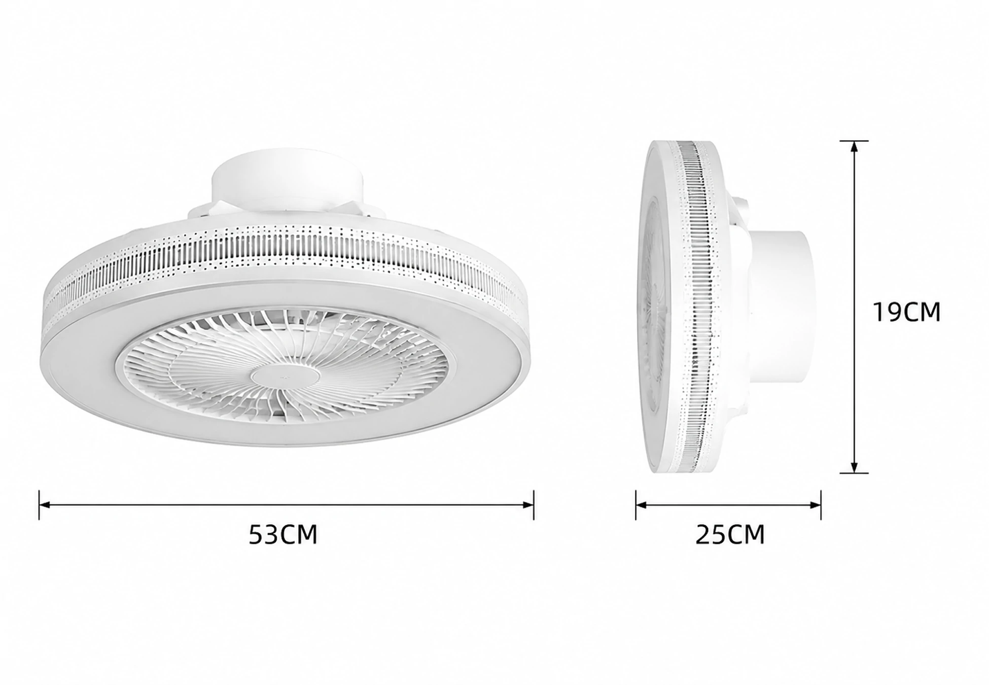 20 inch white ceiling fan with light flush mount design showing technical dimensions and compact modern structure for bedroom installation