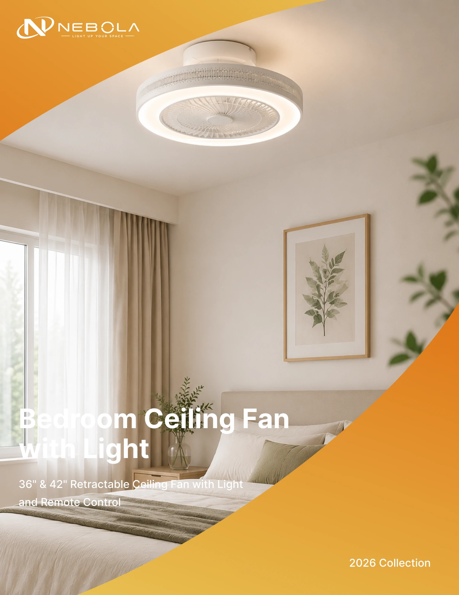 20 inch white bedroom ceiling fan with light flush mount design installed in modern Scandinavian bedroom representing OEM ODM manufacturing and global supply capability