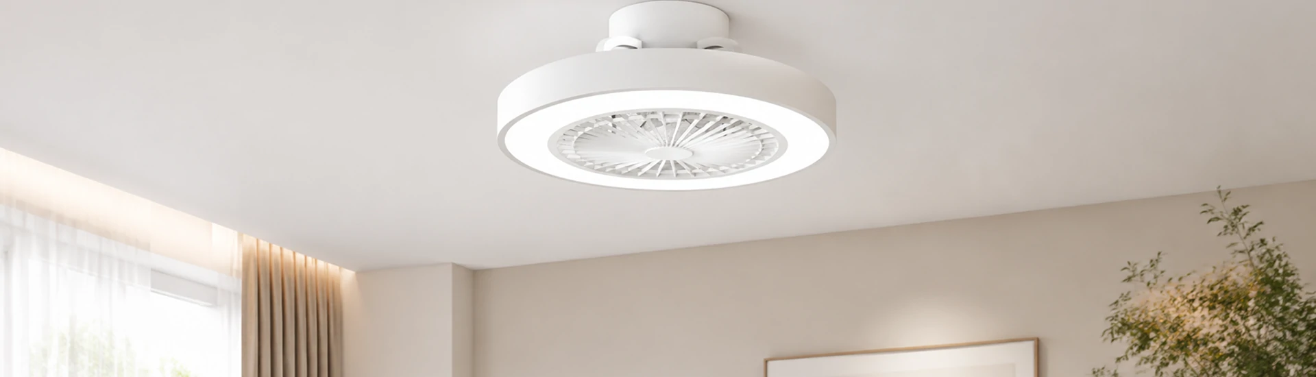 Modern bedroom featuring a 21 inch flush mount ceiling fan with LED lights designed for low ceilings and energy efficient quiet airflow comfort