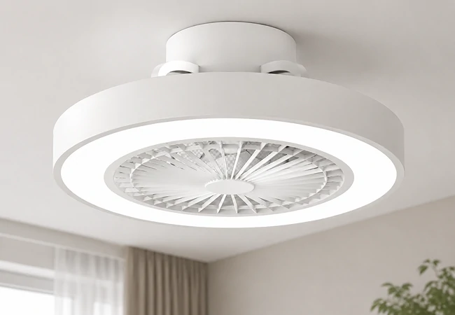 Energy efficient DC motor flush mount ceiling fan designed for quiet and stable airflow performance