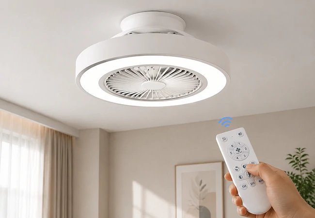 Studio product image of a 21 inch flush mount ceiling fan with LED light showing compact modern low profile design