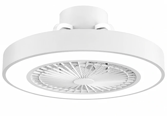 White background studio image of a 21 inch flush mount ceiling fan with LED light showcasing modern compact low profile design
