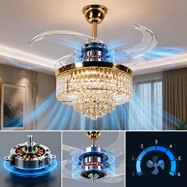 30W DC motor system inside a crystal chandelier ceiling fan providing quiet and efficient airflow
