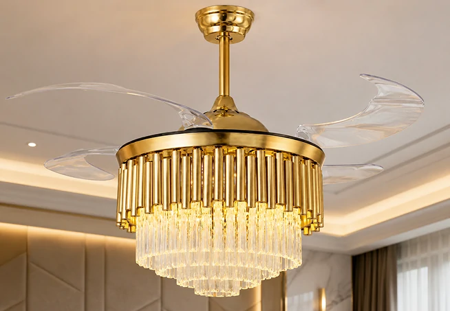 Crystal chandelier ceiling fan solution combining decorative lighting and airflow performance