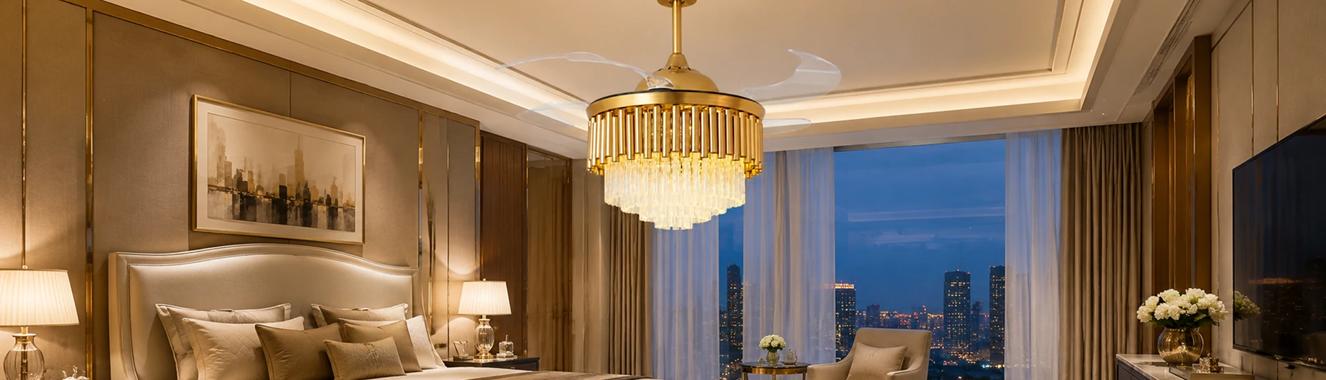 36 inch cathedral ceiling fan with crystal light installed in a luxury interior space for premium projects