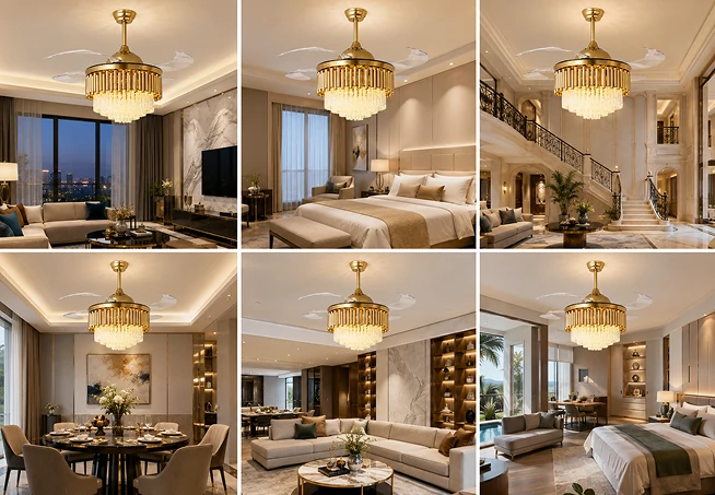 36 inch cathedral ceiling fan with crystal light shown in multiple luxury residential and hotel applications