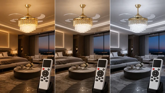 36 inch cathedral ceiling fan with crystal light featuring smart lighting control and adjustable LED settings