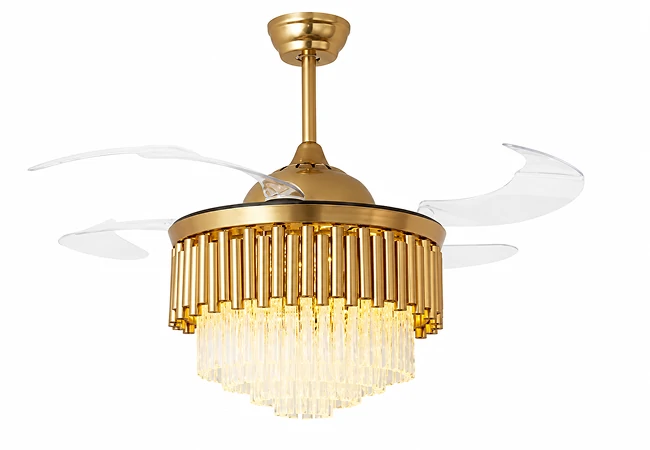 36 inch crystal ceiling fan light manufacturer product with retractable transparent blades and gold finish