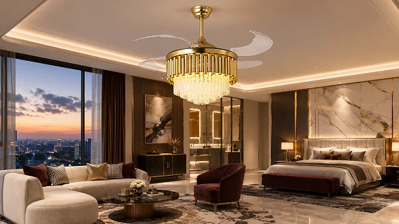 36 inch crystal ceiling fan with chandelier design for luxury residential and hospitality projects