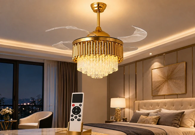 36 inch crystal ceiling fan with remote control and LED lighting for premium bedroom applications