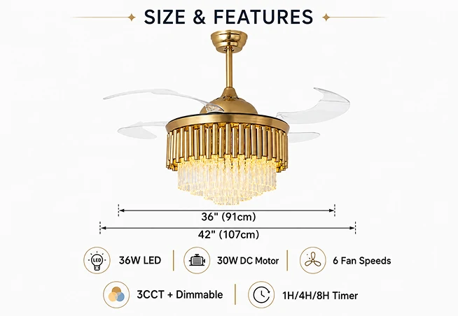 36 inch crystal ceiling fan with light size specification and technical features overview