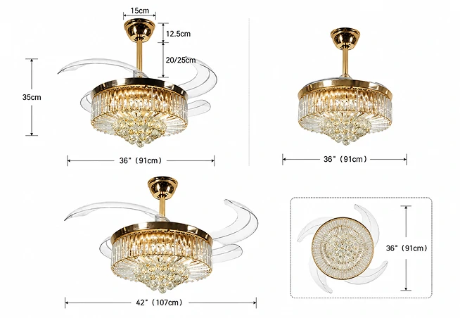 36 inch crystal chandelier ceiling fan dimension drawing showing installation size and product measurements