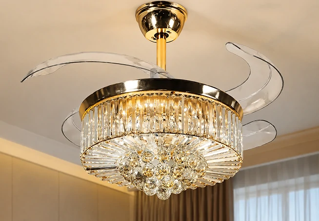 36 inch crystal chandelier ceiling fan with retractable blades installed in a luxury living room interior