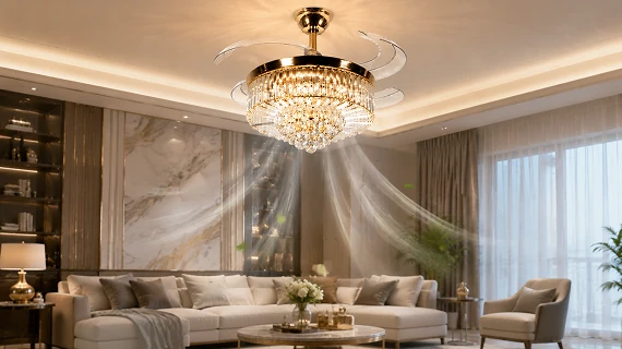 36 inch crystal chandelier ceiling fan with retractable blades creating elegant lighting and comfortable airflow