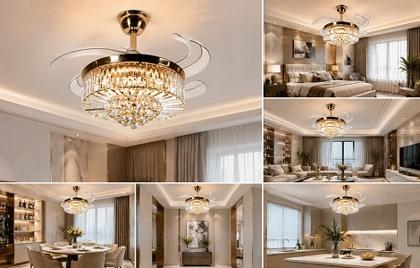36 inch crystal chandelier ceiling fan with retractable blades in luxury residential and hospitality spaces