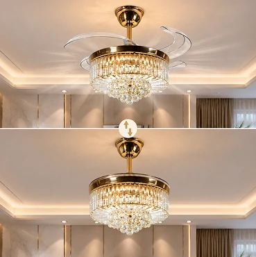 36 inch crystal chandelier ceiling fan featuring retractable transparent blades with invisible blade design