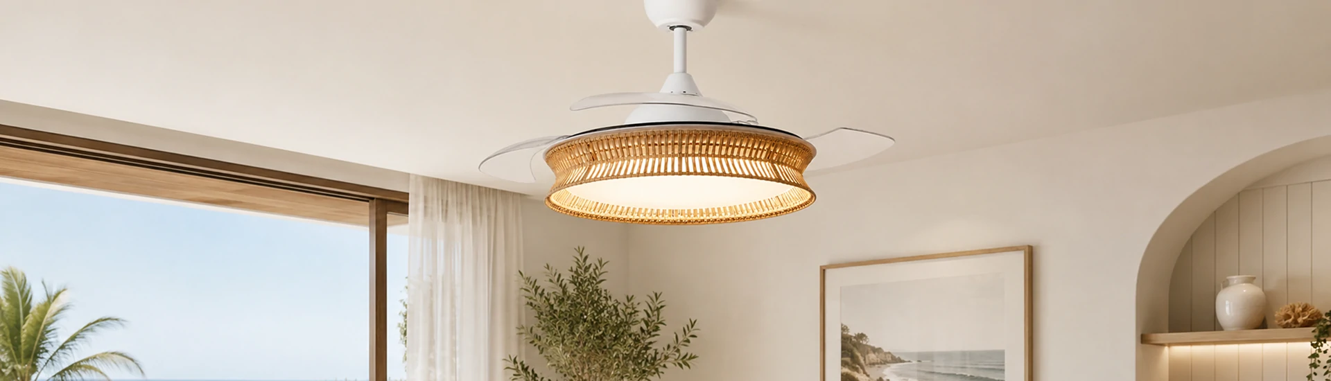 36 inch fandeliers for bedroom installed in a modern warm bedroom interior with woven shade and retractable blades