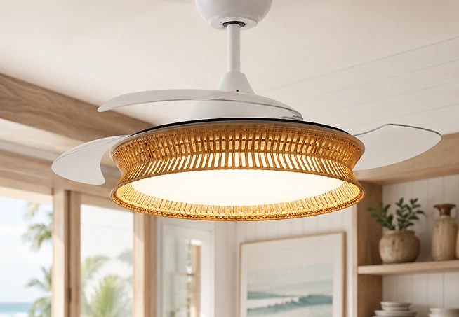36 inch fandeliers for bedroom shown in a modern warm interior with woven shade and retractable blades