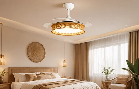 36 inch fandeliers for bedroom featuring natural rattan shade design in a modern residential interior