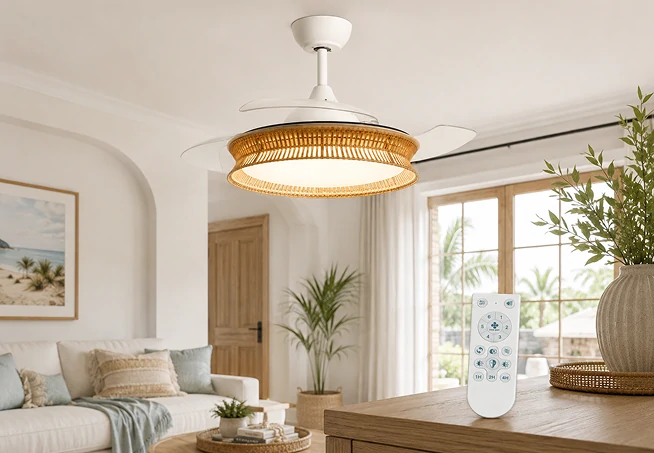36 inch fandeliers for bedroom displayed in a bright interior with remote control and warm lighting effect