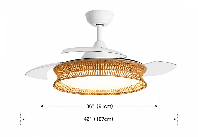 36 inch fandeliers for bedroom size guide showing product dimensions and optional 42 inch version