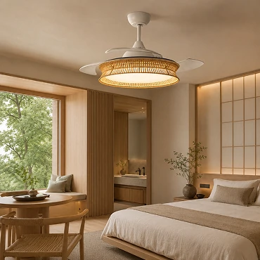36 inch fandeliers for bedroom with natural rattan shade texture and warm decorative lighting effect