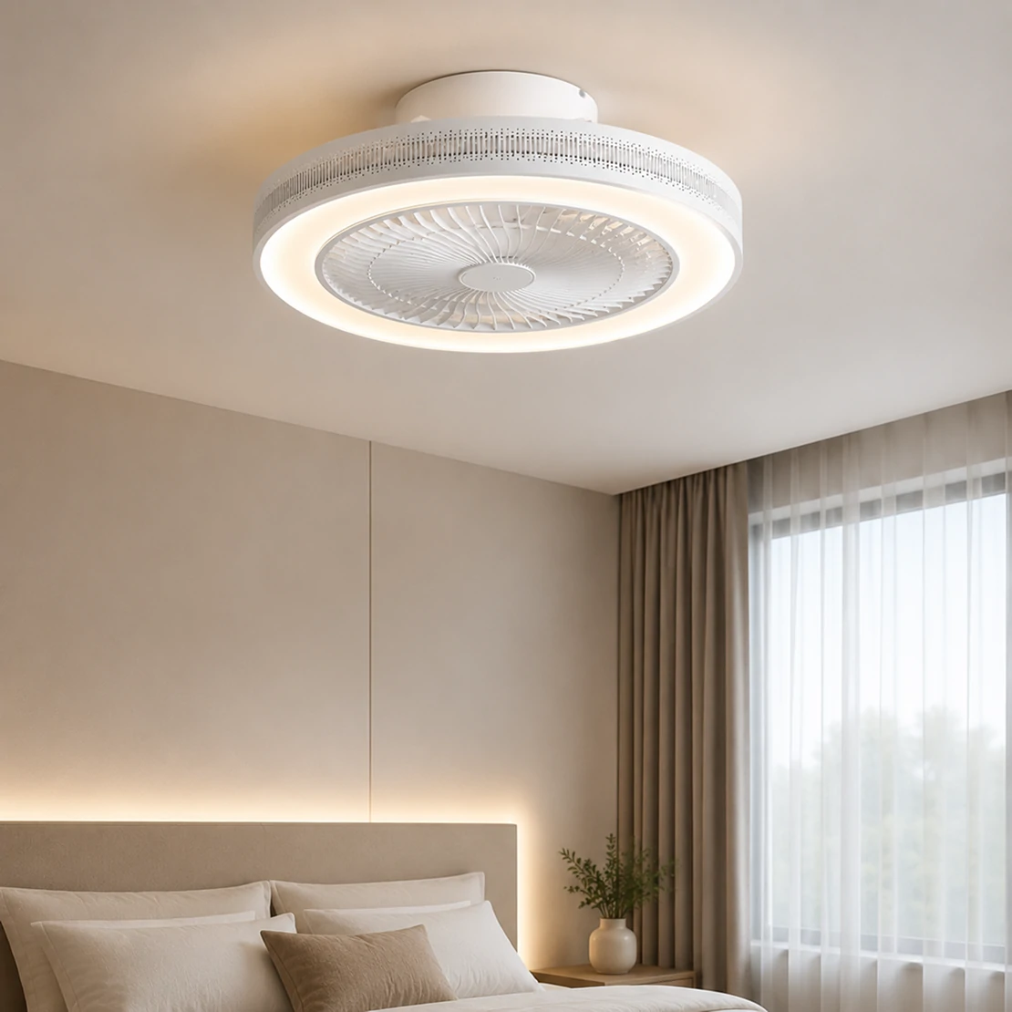 20 inch white ceiling fan with light showing adjustable 3CCT lighting modes in modern bedroom flush mount design