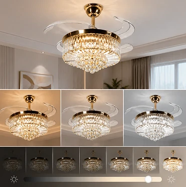 3CCT dimmable LED crystal chandelier ceiling fan providing adjustable lighting for luxury interiors