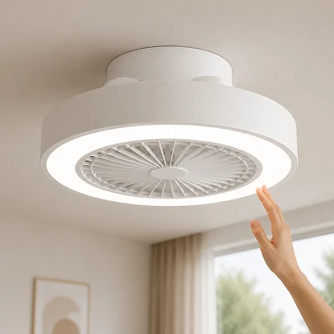 Flush mount ceiling fan with 3CCT LED lighting system offering warm neutral and cool lighting options for bedroom comfort