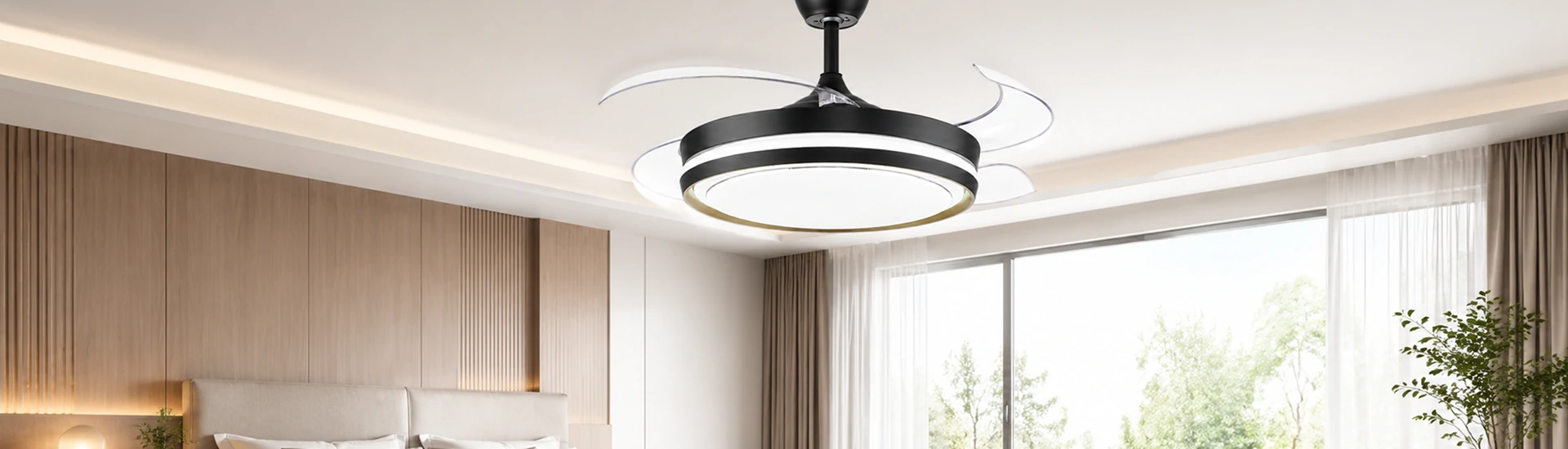 42 Inch Ceiling Fan LED Manufacturer product installed in a modern luxury interior with retractable blade design