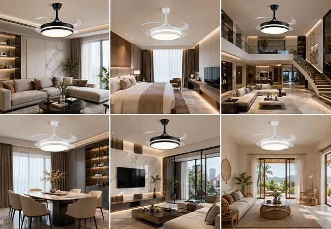 42 Inch Ceiling Fan LED shown in multiple interior applications including living room hotel villa dining room and homestay