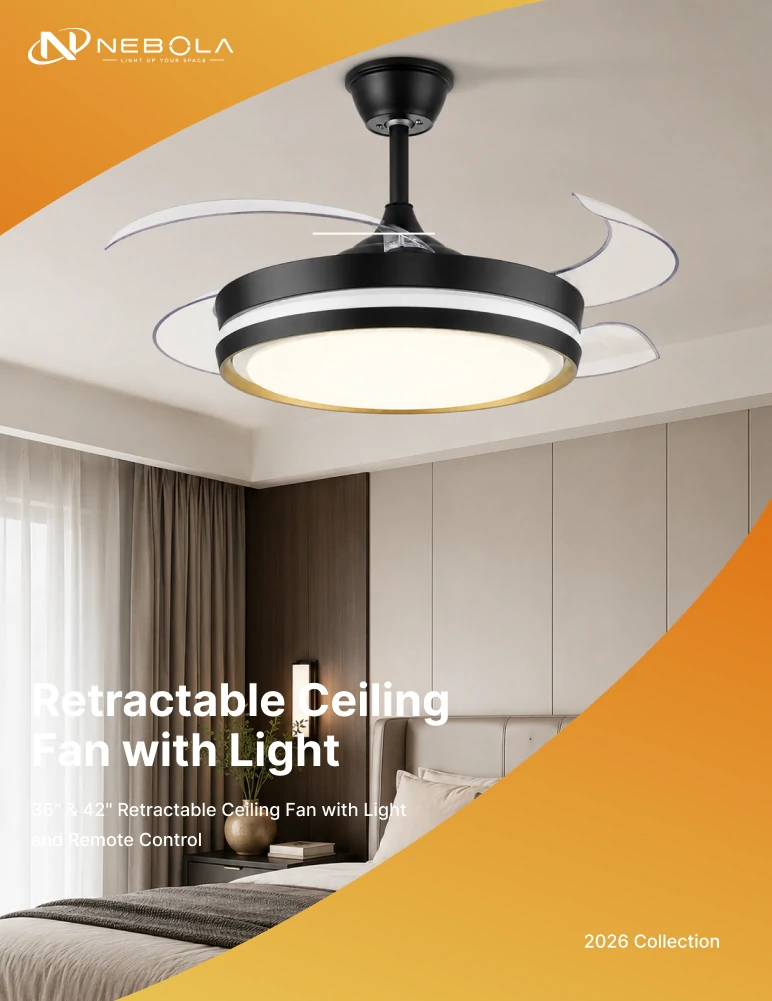 42 Inch Ceiling Fan LED catalog cover style image with retractable blade design in a premium interior
