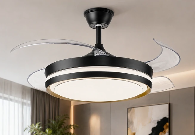 42 Inch Ceiling Fan LED installed in a modern interior with retractable blade design and integrated lighting