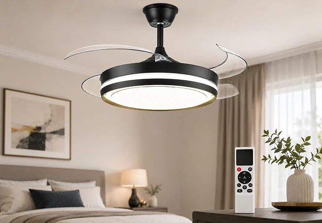 42 Inch Ceiling Fan LED with retractable blades shown in a bedroom scene with remote control operation