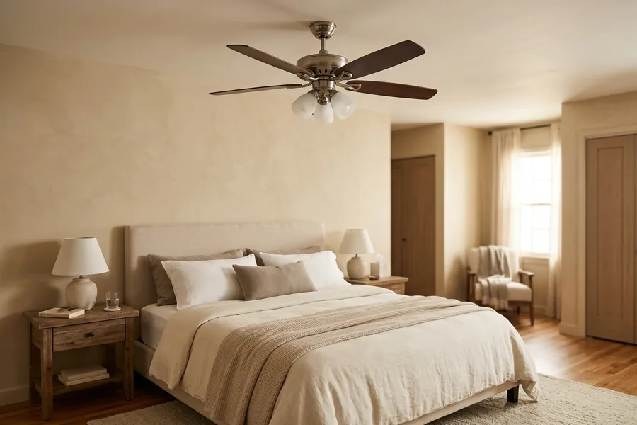 5 blade ceiling fan in a warm classic bedroom