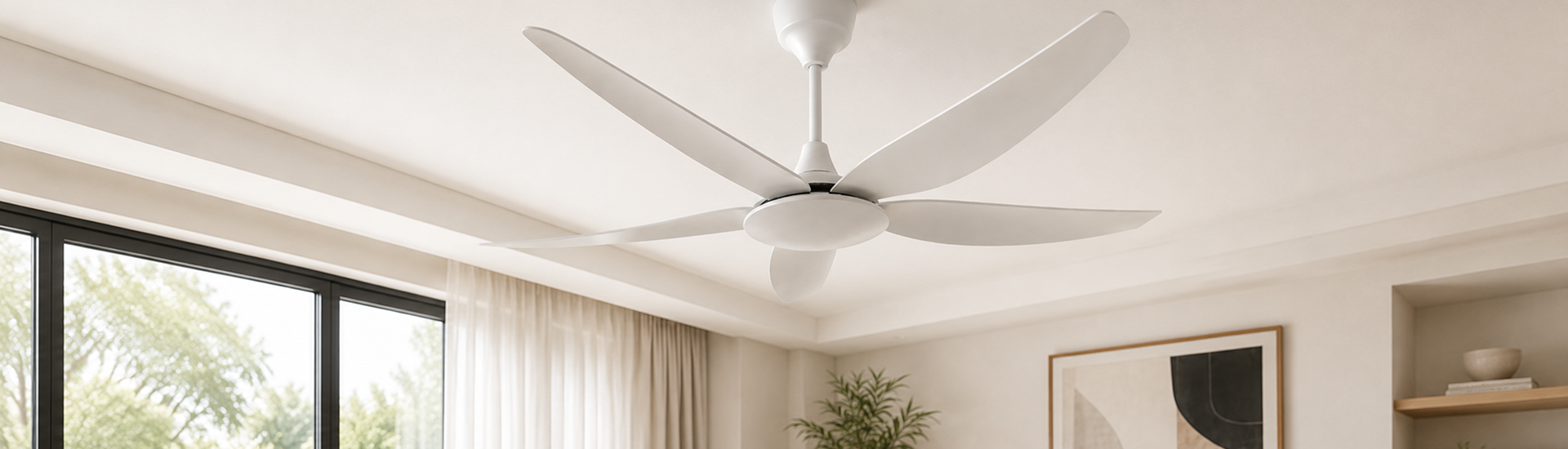 White 56 inch ceiling fan without light installed in a modern living room for wholesale residential projects